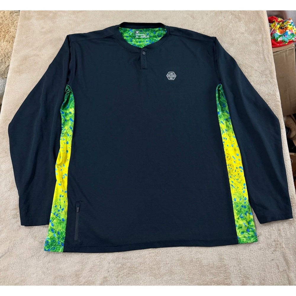 Pelagic‎ Performance Fishing Henley Shirt Men's Size XL Black neon green L/S EUC